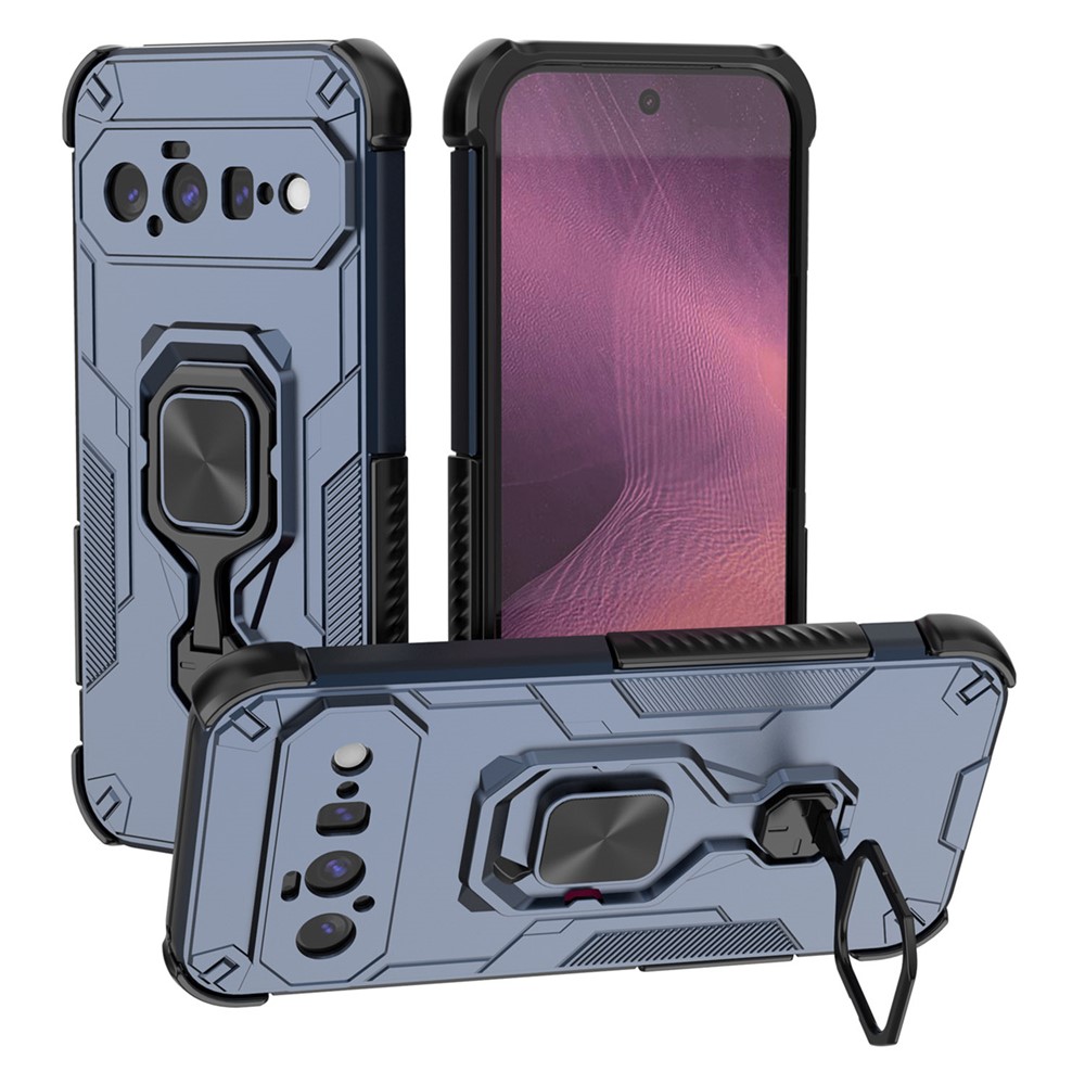 For Google Pixel 11 Case Rotatable Ring Kickstand PC + TPU Shockproof Phone Cover - Navy Blue