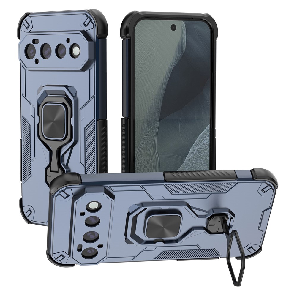 For Google Pixel 11 Pro Case Rotatable Ring Kickstand PC + TPU Shockproof Phone Cover - Navy Blue