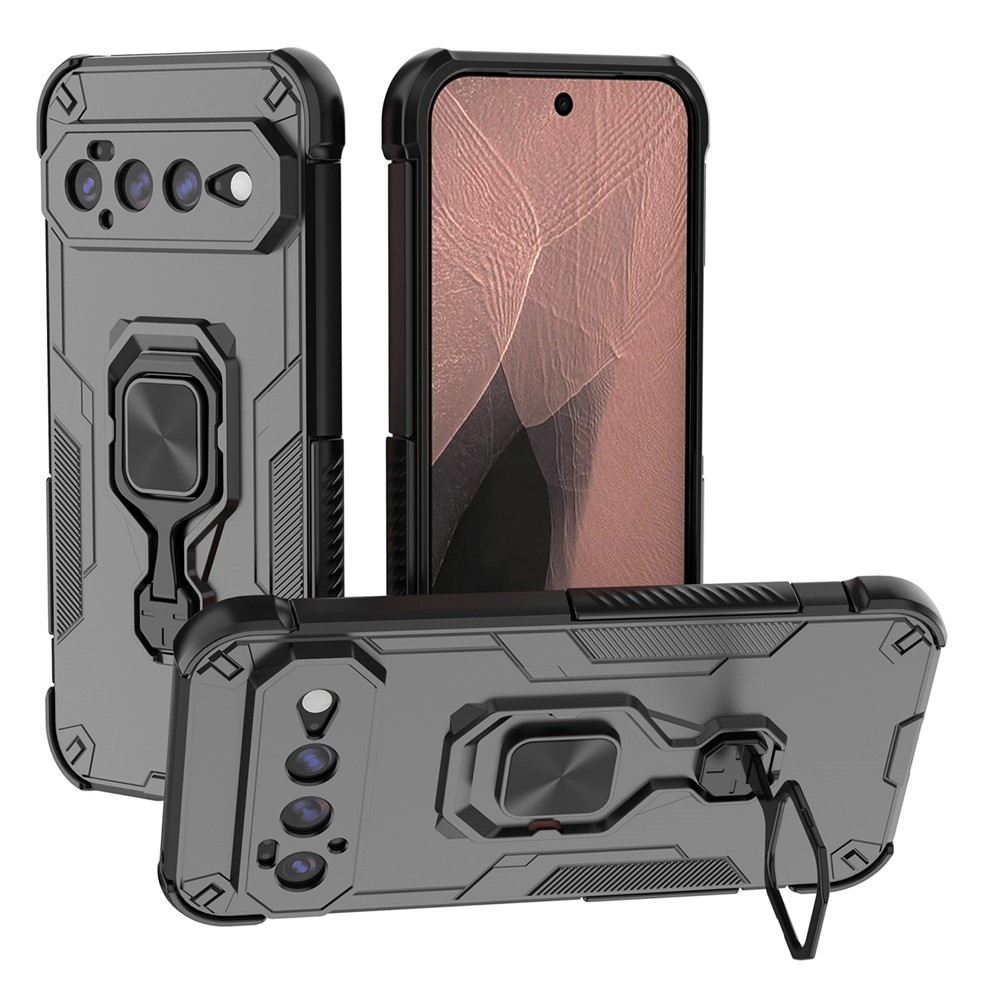 For Google Pixel 11 Pro XL Case Rotatable Ring Kickstand PC + TPU Shockproof Phone Cover - Black