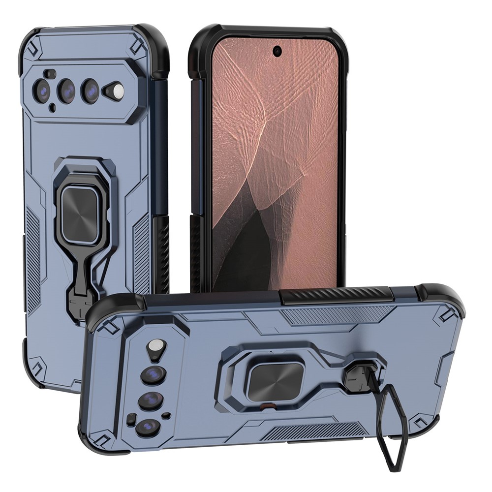 For Google Pixel 11 Pro XL Case Rotatable Ring Kickstand PC + TPU Shockproof Phone Cover - Navy Blue