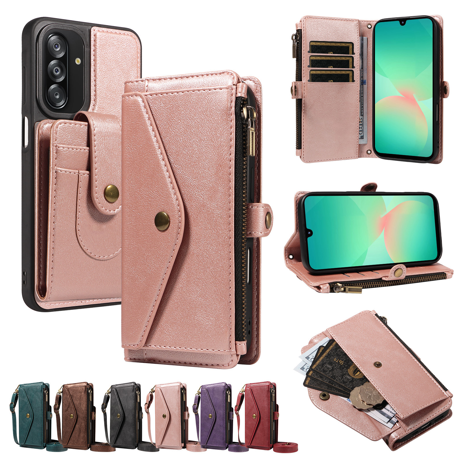 For Samsung Galaxy A26 5G Magnetic Case Detachable RFID Blocking Wallet PU Leather + Matte TPU Phone Cover with Straps - Rose Gold