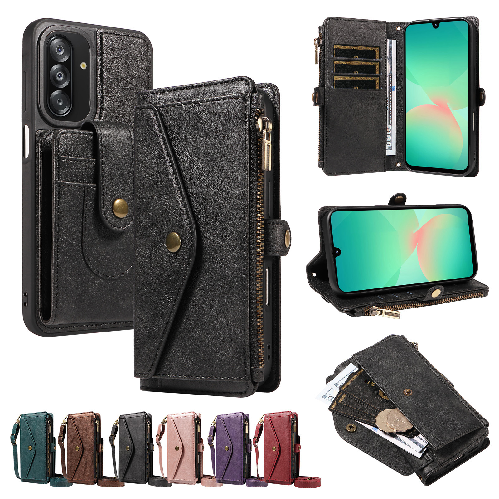 For Samsung Galaxy A26 5G Magnetic Case Detachable RFID Blocking Wallet PU Leather + Matte TPU Phone Cover with Straps - Black