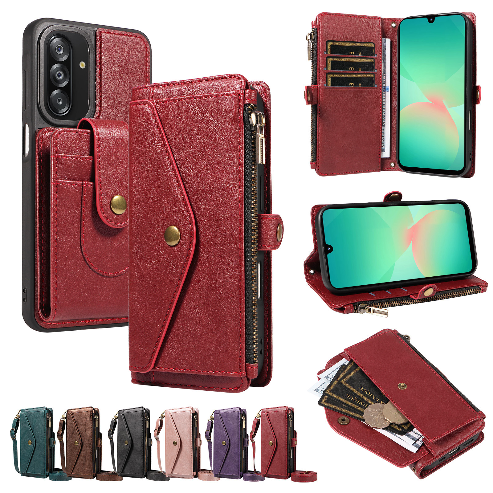 For Samsung Galaxy A26 5G Magnetic Case Detachable RFID Blocking Wallet PU Leather + Matte TPU Phone Cover with Straps - Wine Red