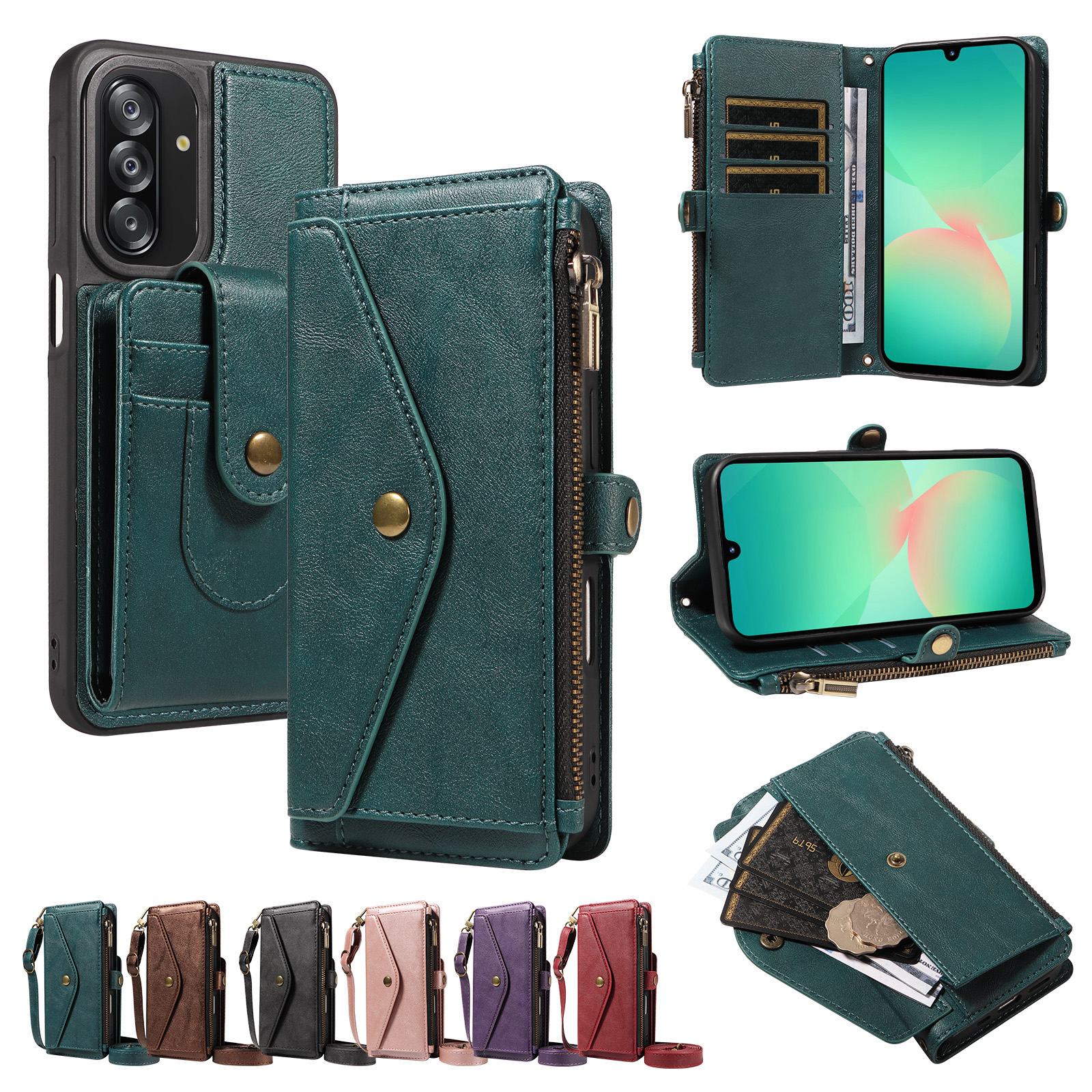 For Samsung Galaxy A26 5G Magnetic Case Detachable RFID Blocking Wallet PU Leather + Matte TPU Phone Cover with Straps - Green