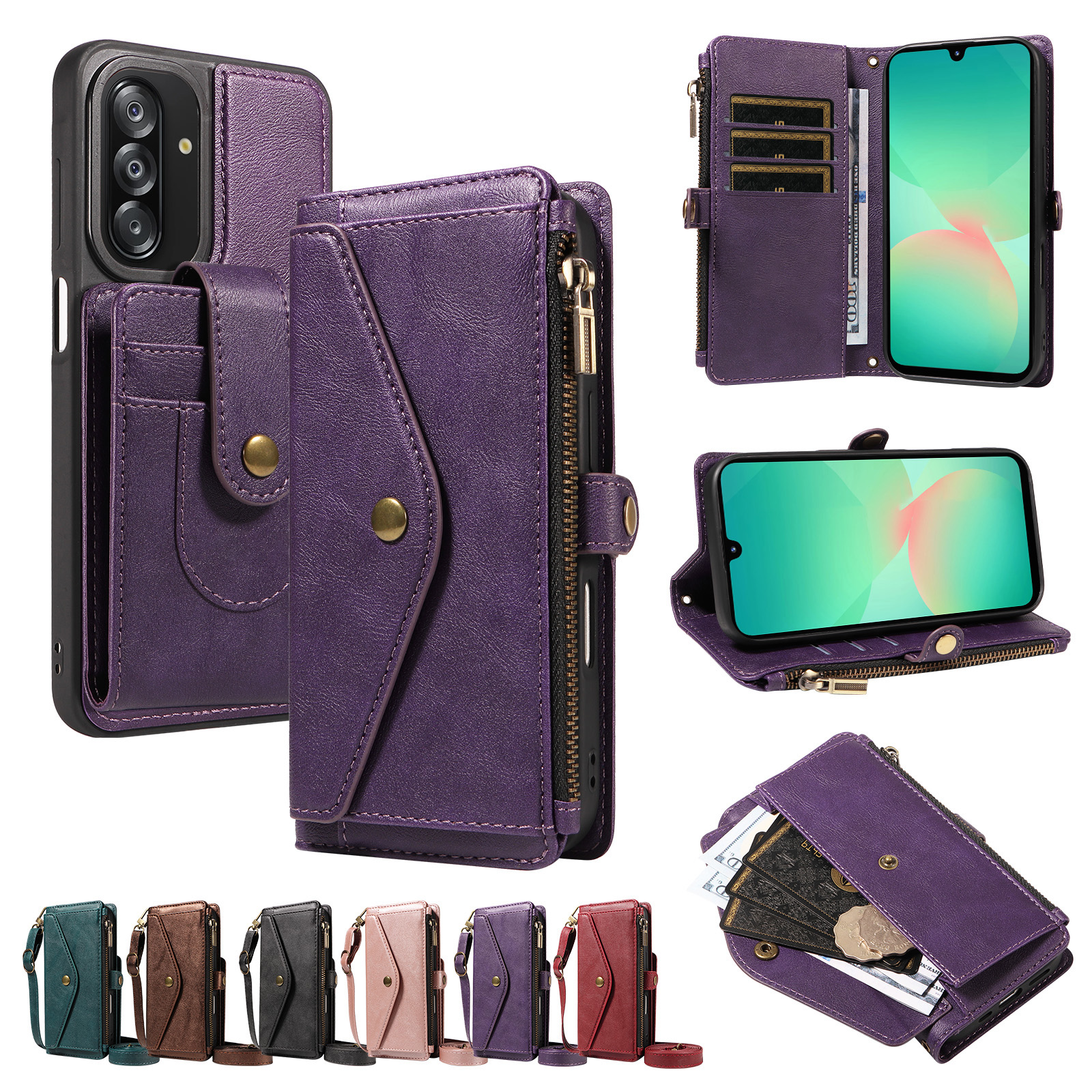 For Samsung Galaxy A26 5G Magnetic Case Detachable RFID Blocking Wallet PU Leather + Matte TPU Phone Cover with Straps - Purple
