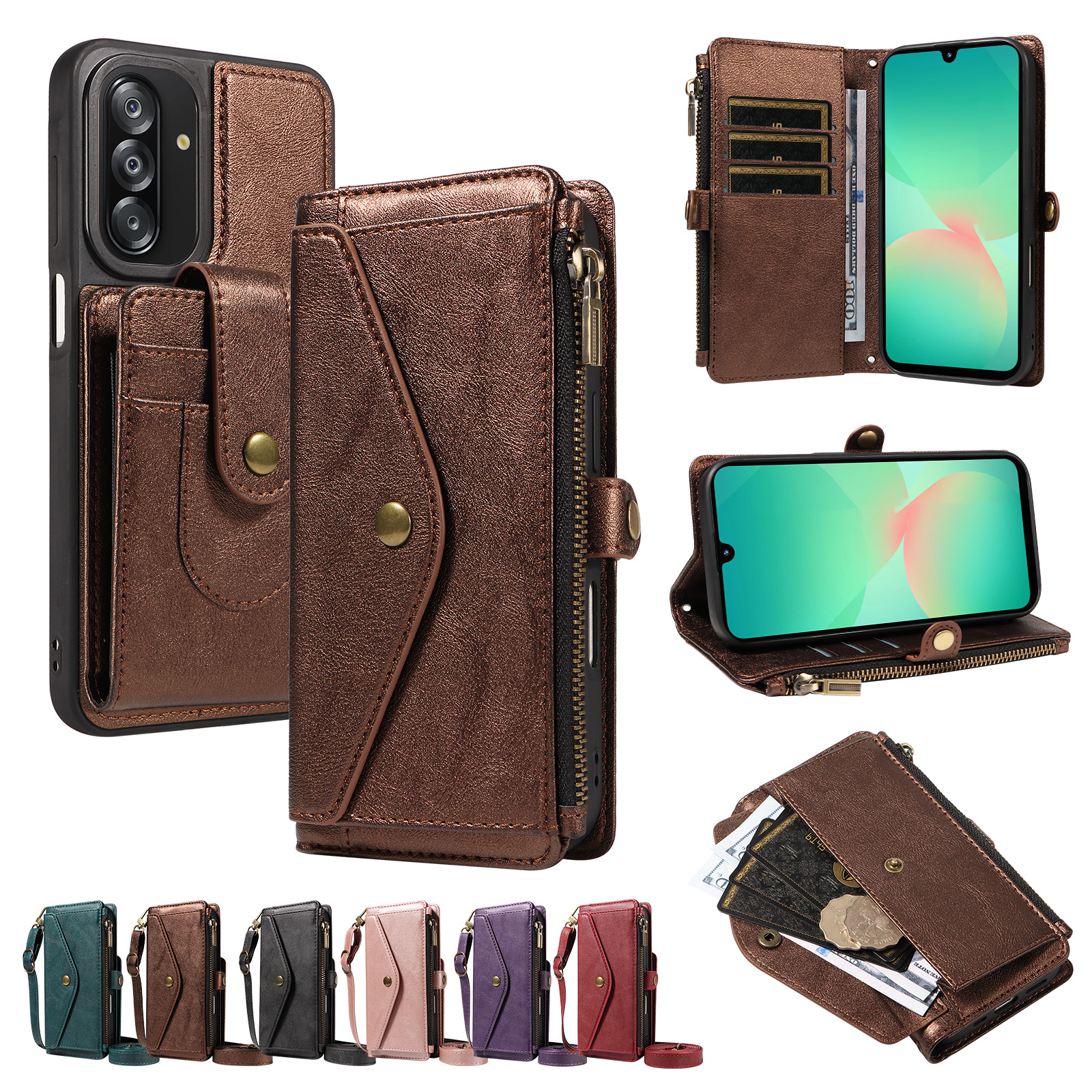 For Samsung Galaxy A26 5G Magnetic Case Detachable RFID Blocking Wallet PU Leather + Matte TPU Phone Cover with Straps - Brown