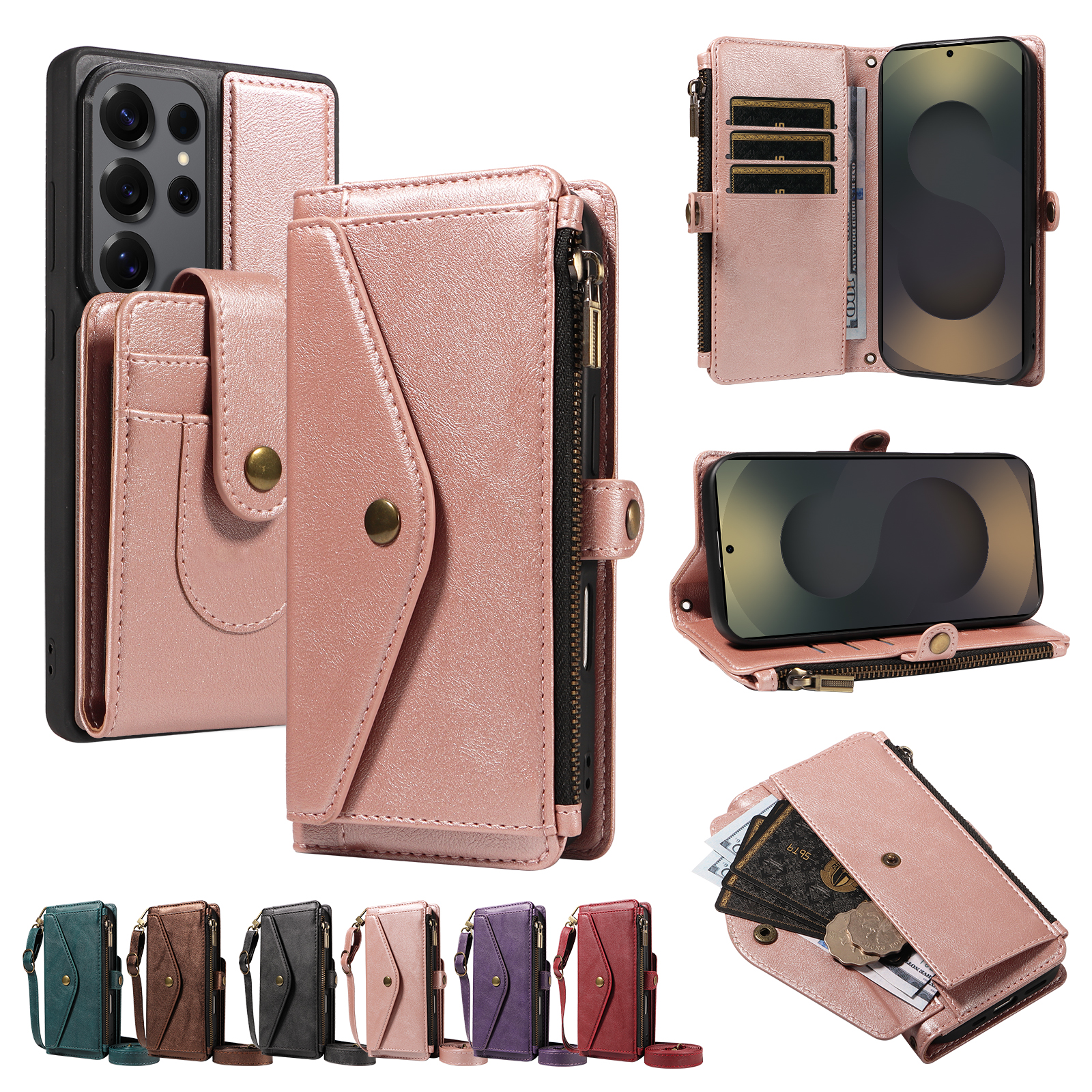 For Samsung Galaxy S25 Ultra Magnetic Case Detachable RFID Blocking Wallet PU Leather + Matte TPU Phone Cover with Straps - Rose Gold