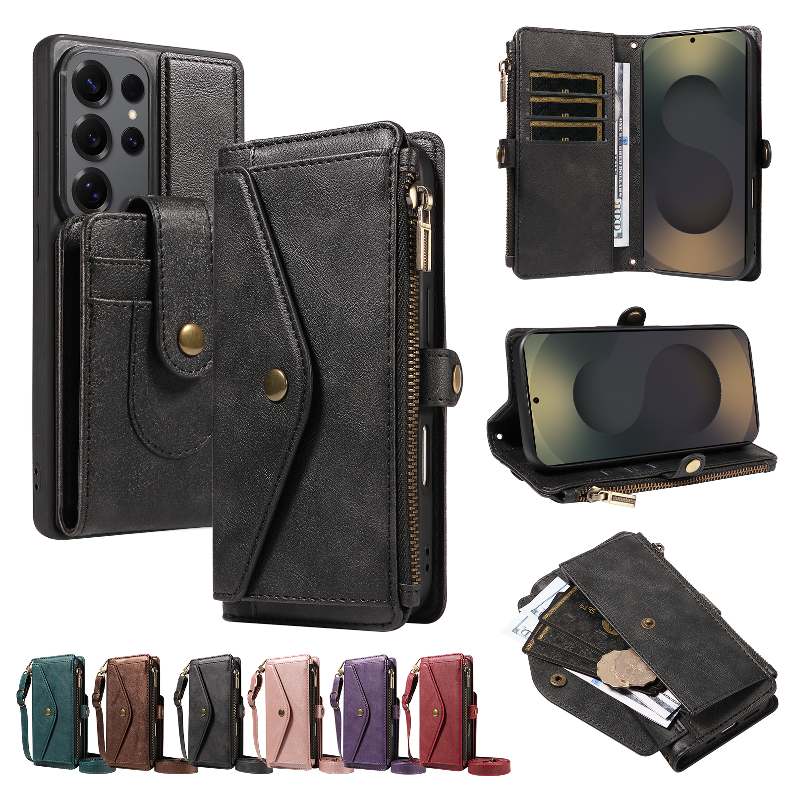 For Samsung Galaxy S25 Ultra Magnetic Case Detachable RFID Blocking Wallet PU Leather + Matte TPU Phone Cover with Straps - Black