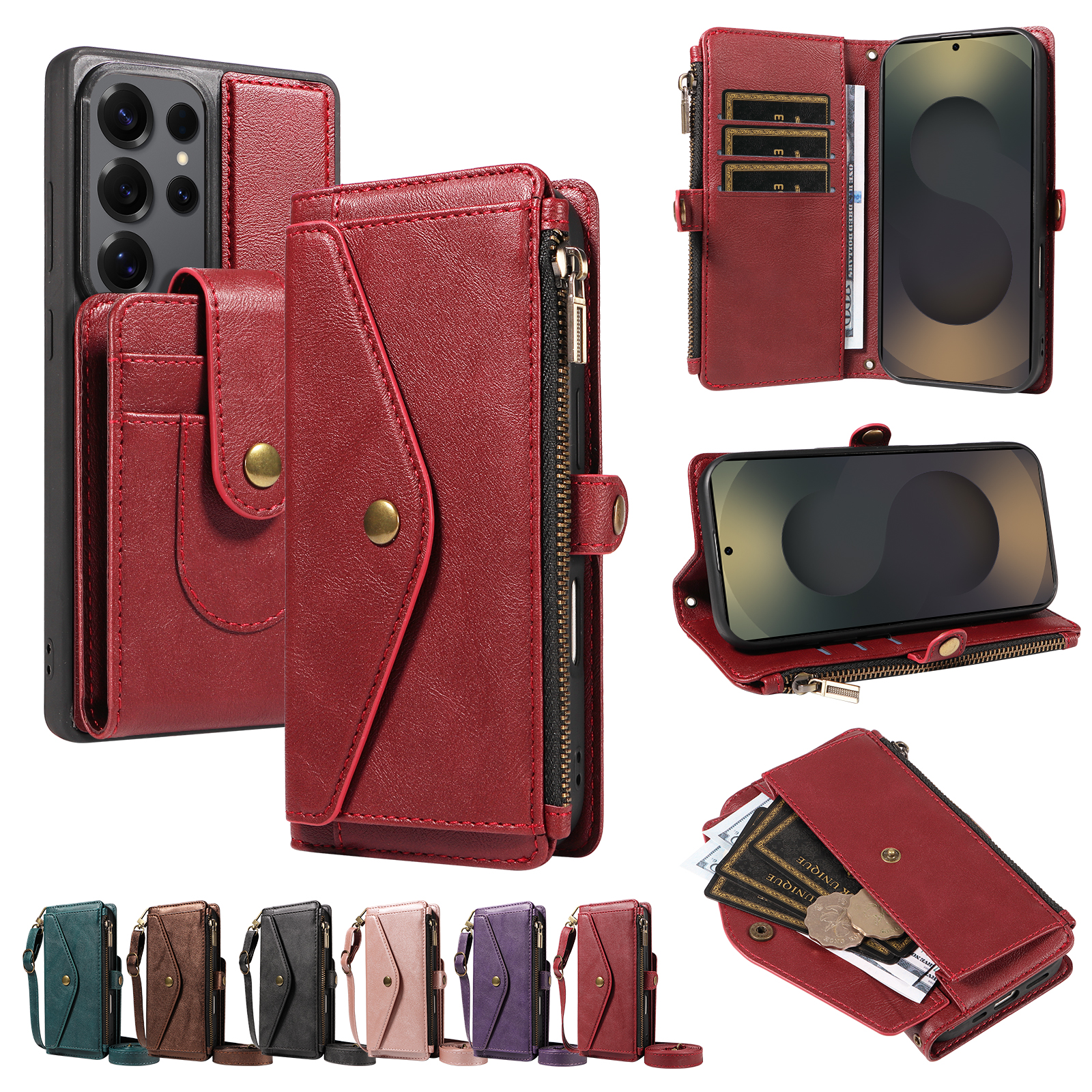 For Samsung Galaxy S25 Ultra Magnetic Case Detachable RFID Blocking Wallet PU Leather + Matte TPU Phone Cover with Straps - Wine Red