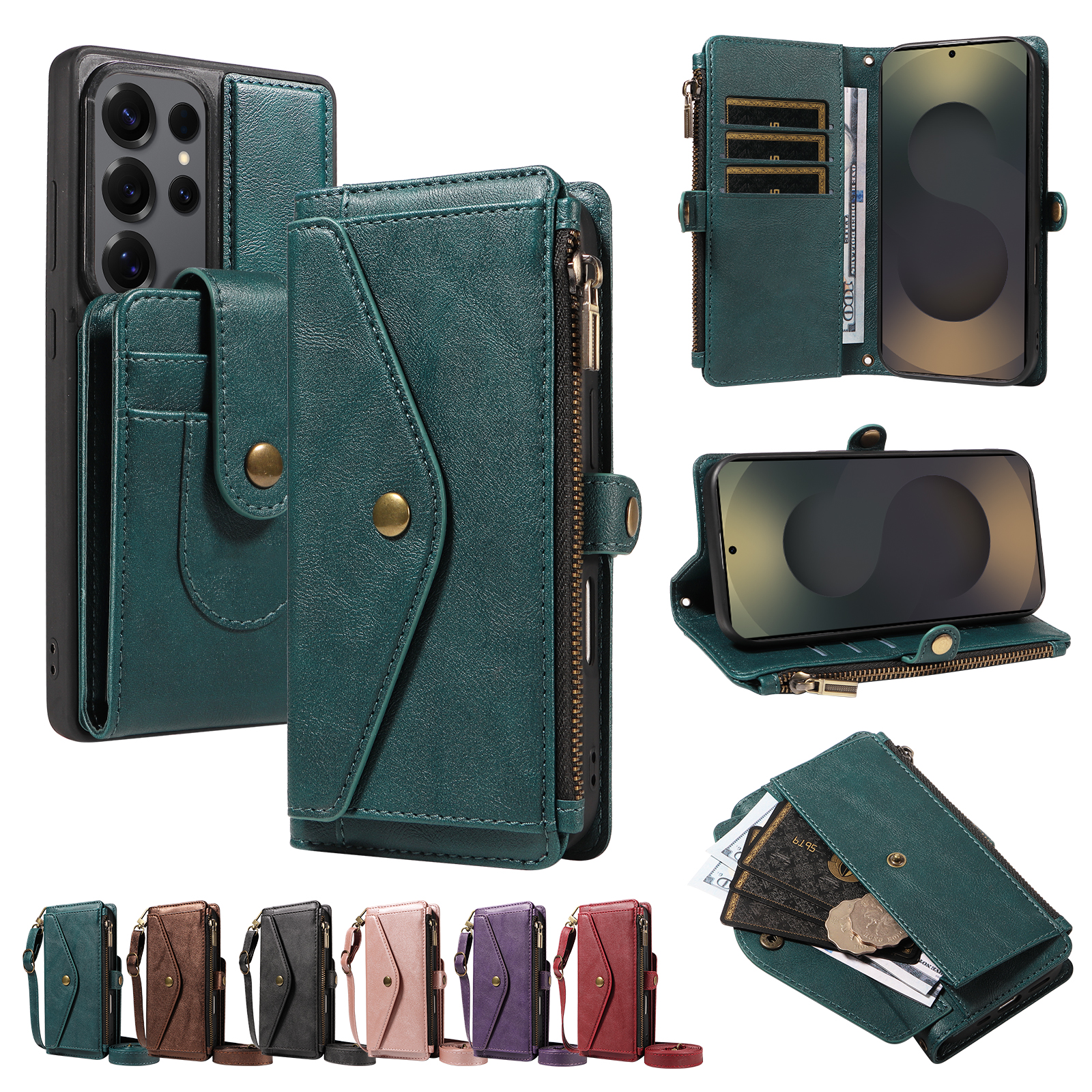 For Samsung Galaxy S25 Ultra Magnetic Case Detachable RFID Blocking Wallet PU Leather + Matte TPU Phone Cover with Straps - Green