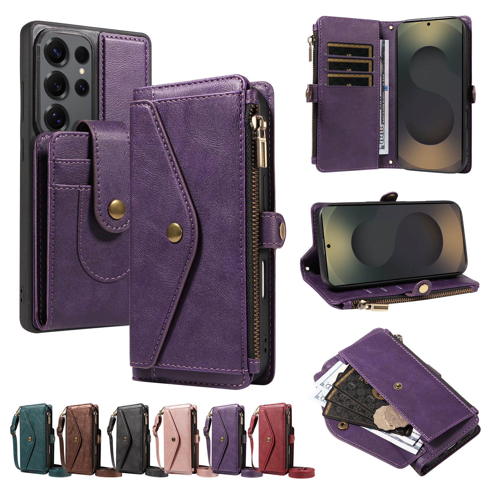 For Samsung Galaxy S25 Ultra Magnetic Case Detachable RFID Blocking Wallet PU Leather + Matte TPU Phone Cover with Straps - Purple