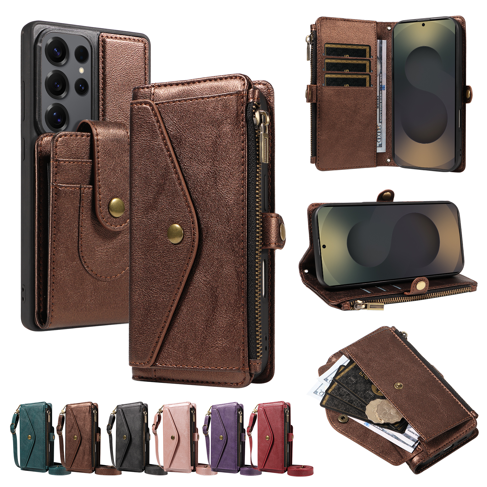 For Samsung Galaxy S25 Ultra Magnetic Case Detachable RFID Blocking Wallet PU Leather + Matte TPU Phone Cover with Straps - Brown