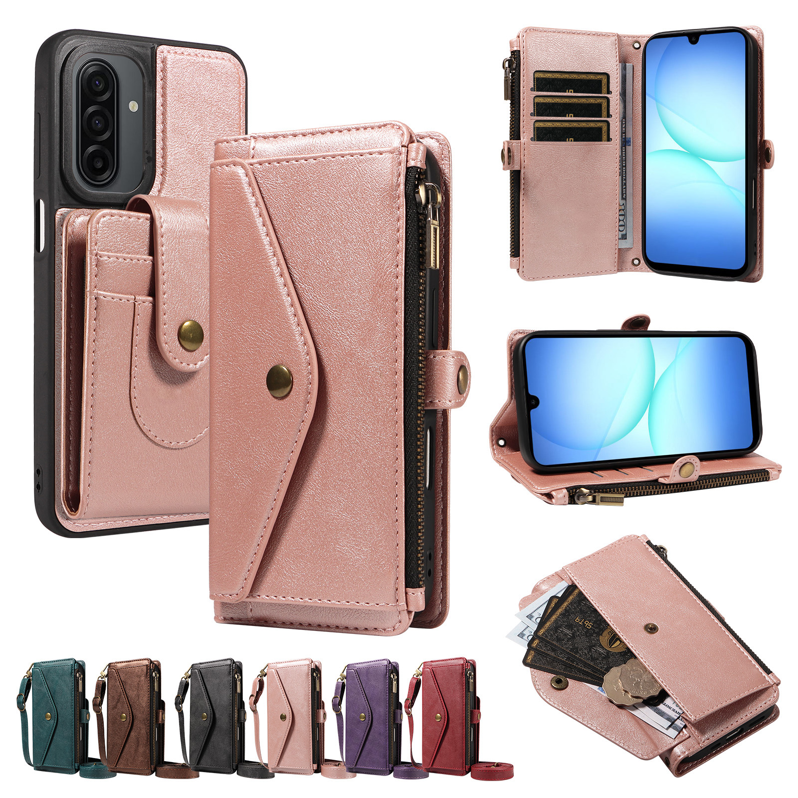 For Samsung Galaxy A17 4G / Galaxy M17 5G / Galaxy F17 5G / Galaxy A17 5G Magnetic Case Detachable RFID Blocking Wallet PU Leather + Matte TPU Phone Cover with Straps - Rose Gold