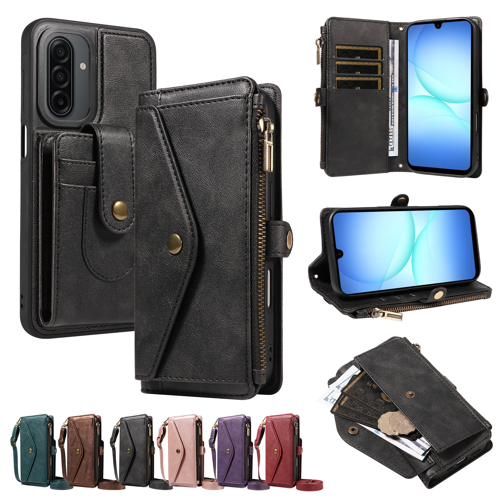 For Samsung Galaxy A17 4G / Galaxy M17 5G / Galaxy F17 5G / Galaxy A17 5G Magnetic Case Detachable RFID Blocking Wallet PU Leather + Matte TPU Phone Cover with Straps - Black