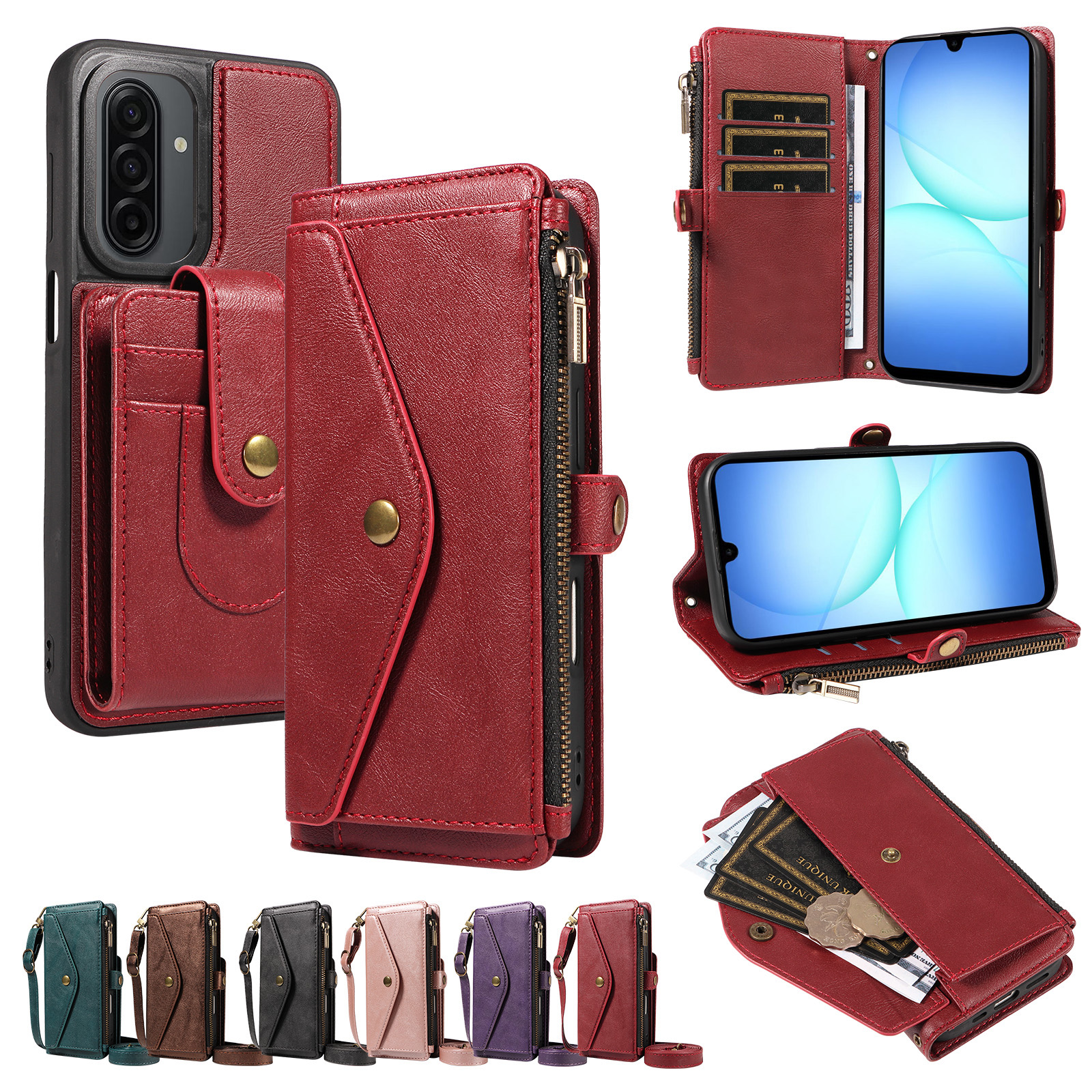 For Samsung Galaxy A17 4G / Galaxy M17 5G / Galaxy F17 5G / Galaxy A17 5G Magnetic Case Detachable RFID Blocking Wallet PU Leather + Matte TPU Phone Cover with Straps - Wine Red