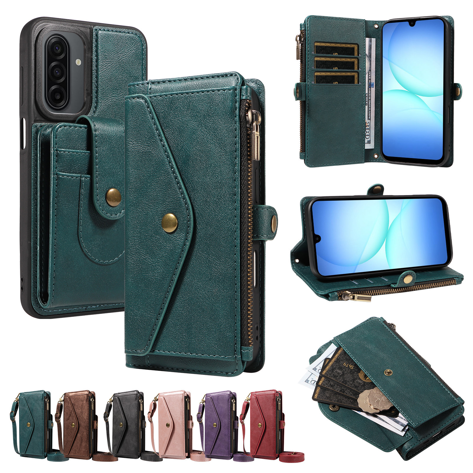 For Samsung Galaxy A17 4G / Galaxy M17 5G / Galaxy F17 5G / Galaxy A17 5G Magnetic Case Detachable RFID Blocking Wallet PU Leather + Matte TPU Phone Cover with Straps - Green
