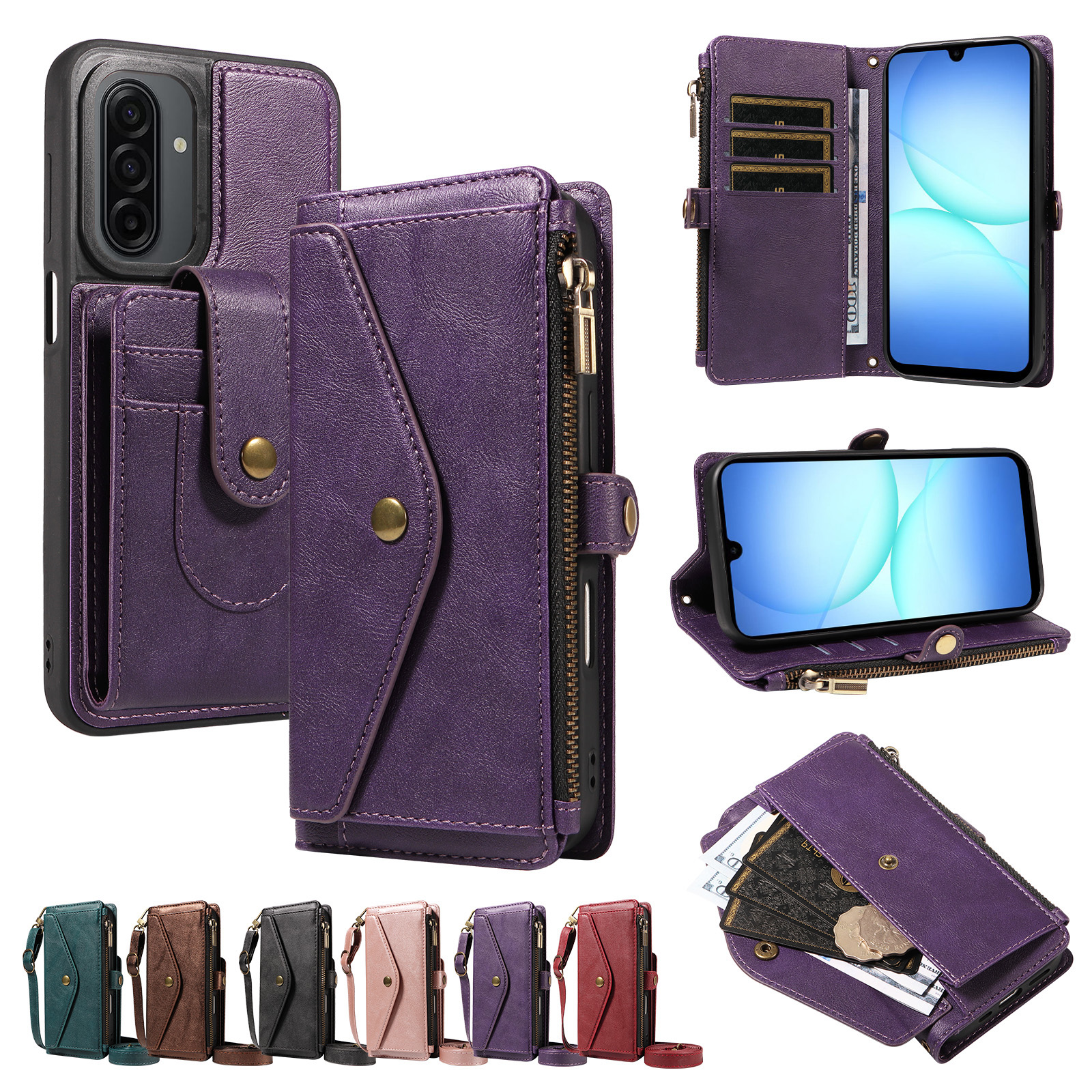 For Samsung Galaxy A17 4G / Galaxy M17 5G / Galaxy F17 5G / Galaxy A17 5G Magnetic Case Detachable RFID Blocking Wallet PU Leather + Matte TPU Phone Cover with Straps - Purple