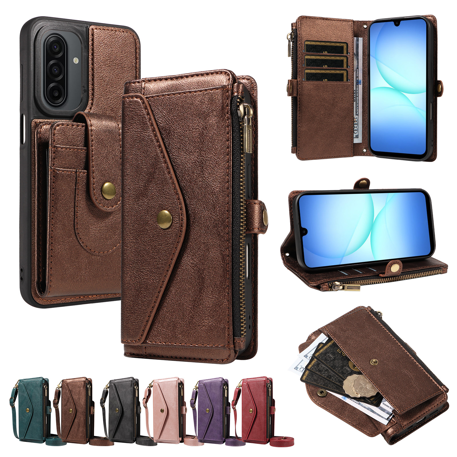 For Samsung Galaxy A17 4G / Galaxy M17 5G / Galaxy F17 5G / Galaxy A17 5G Magnetic Case Detachable RFID Blocking Wallet PU Leather + Matte TPU Phone Cover with Straps - Brown