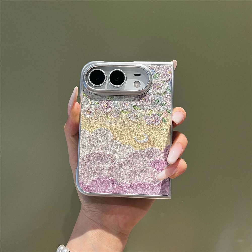 For iPhone Duo Case Oil Painting Style Flowers Pattern Hard PC Foldable Phone Cover - Moon and Flowers
