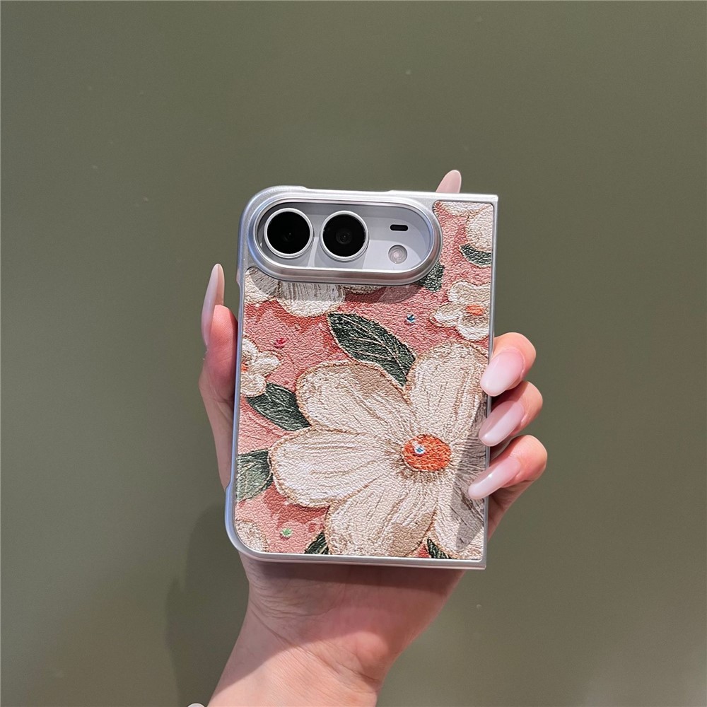 For iPhone Duo Case Oil Painting Style Flowers Pattern Hard PC Foldable Phone Cover - Pink Background Camellia