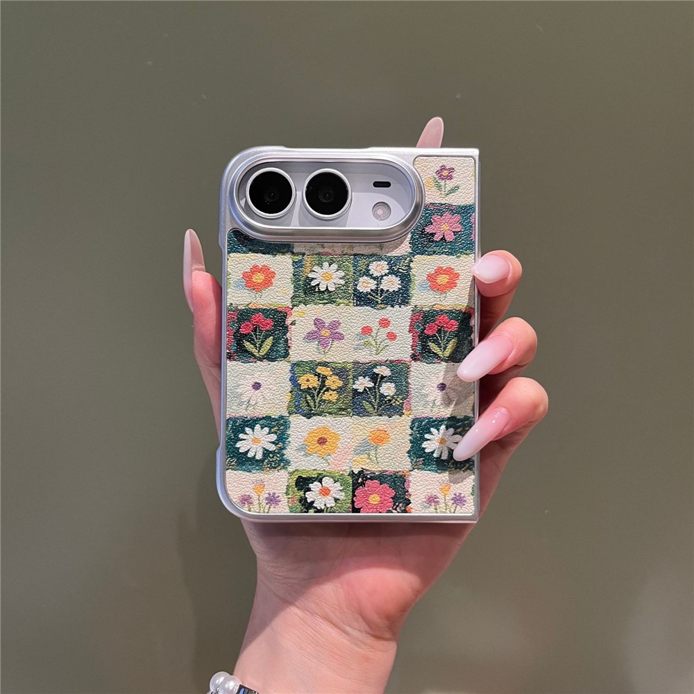 For iPhone Duo Case Oil Painting Style Flowers Pattern Hard PC Foldable Phone Cover - Plaid ??Flowers
