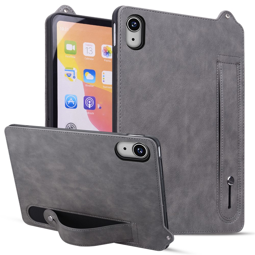 For iPad mini (2026) Case Hand Strap Kickstand Leather Tablet Cover - Grey