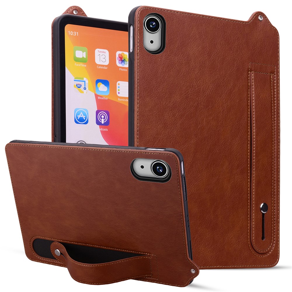 For iPad mini (2026) Case Hand Strap Kickstand Leather Tablet Cover - Brown
