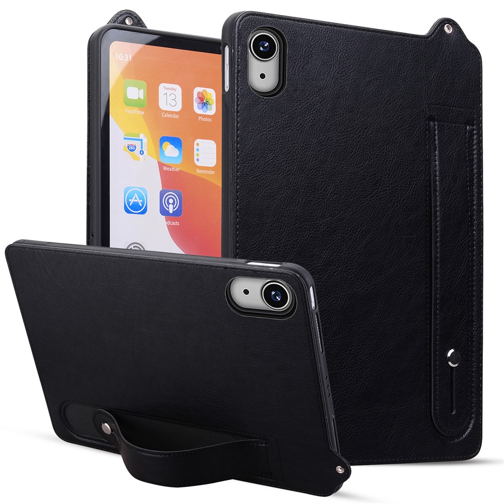 For iPad mini (2026) Case Hand Strap Kickstand Leather Tablet Cover - Black