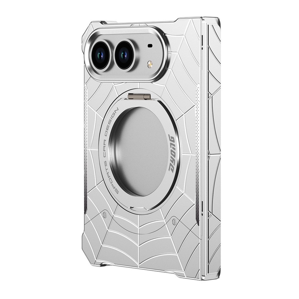 DYONG for iPhone Duo Frameless Case Magnetic Rotating Kickstand Spider Web Pattern Phone Cover - Silver