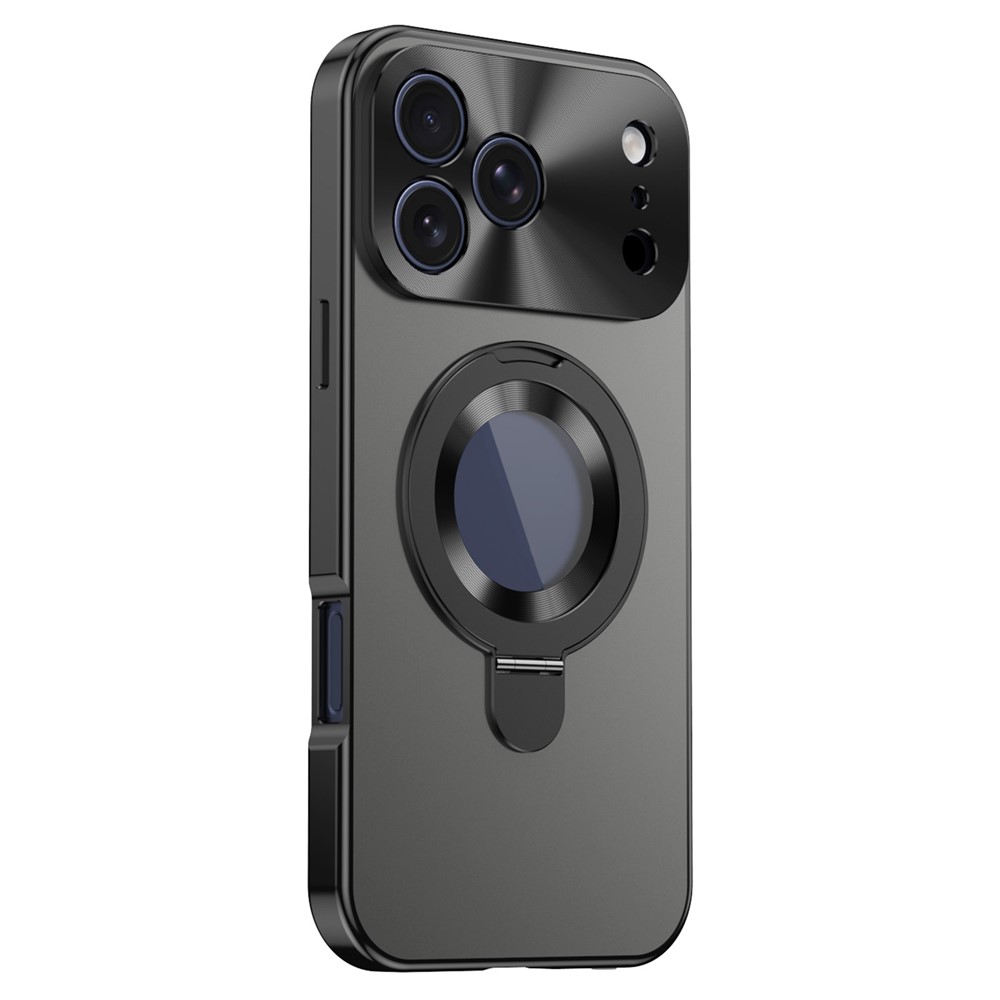 For iPhone 18 Pro Max Magnetic Case PC + Metal Kickstand Phone Cover with Anti-Spy Tempered Glass Film - Black