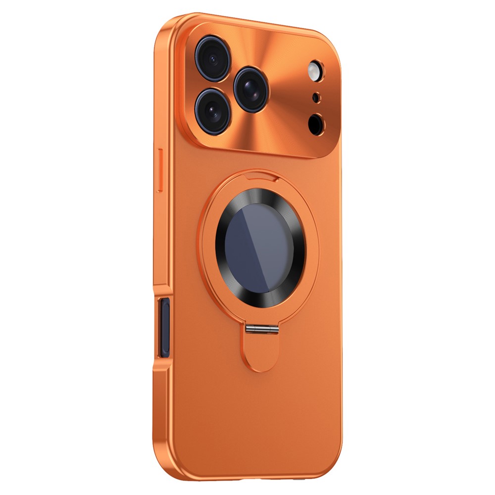 For iPhone 18 Pro Magnetic Case PC + Metal Kickstand Phone Cover with Anti-Spy Tempered Glass Film - Orange