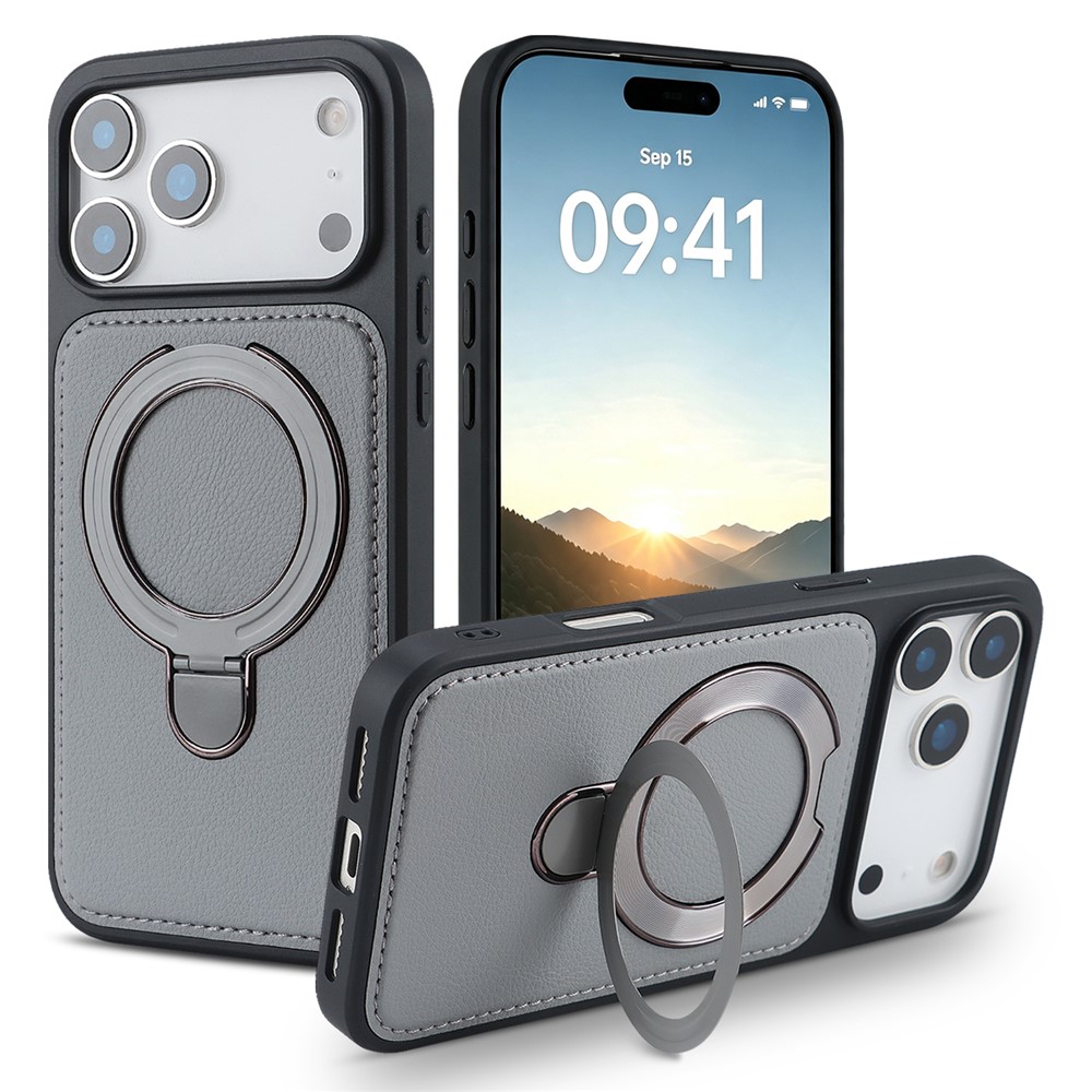FORWENW F12 Series For iPhone 18 Pro / 17 Pro Case Magnetic Kickstand PU Leather Coated TPU Shockproof Phone Cover - Grey
