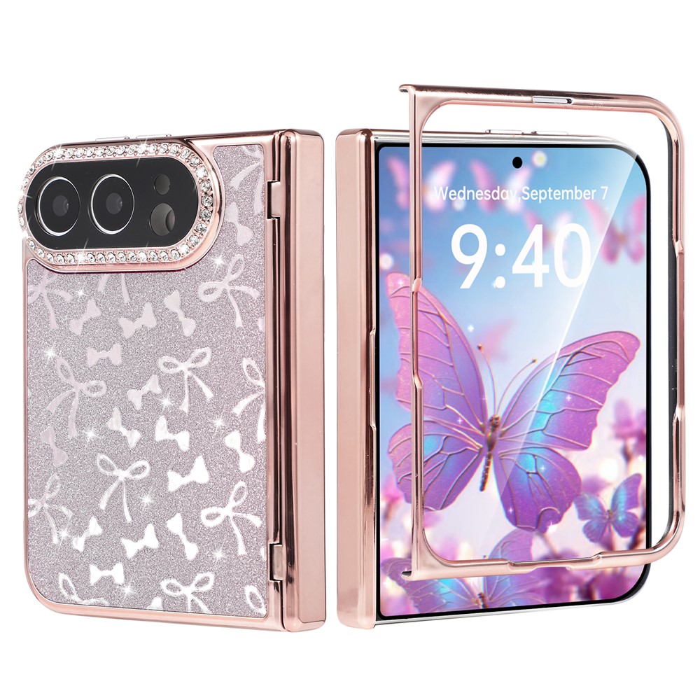 For iPhone Duo Case with Protective Film Hard PC Pattern Hinge Protection Phone Cover - Pink Bowknot