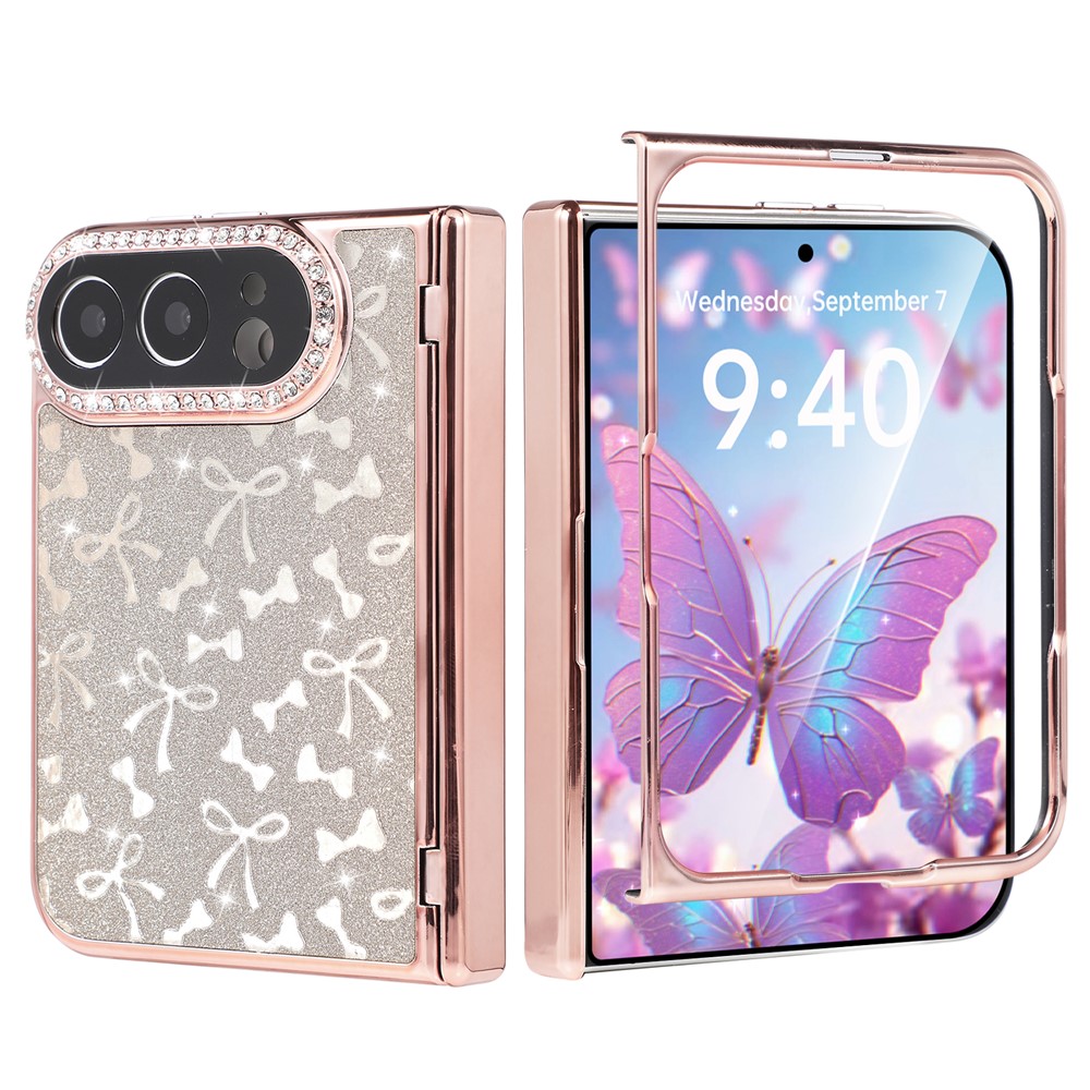 For iPhone Duo Case with Protective Film Hard PC Pattern Hinge Protection Phone Cover - Gold Bowknot