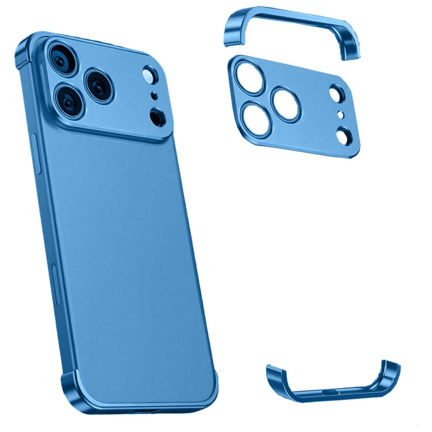 For iPhone 18 Pro Max Frameless Case Titanium Alloy Phone Corner Pad Bumper Cover with Camera Lens Protector - Blue