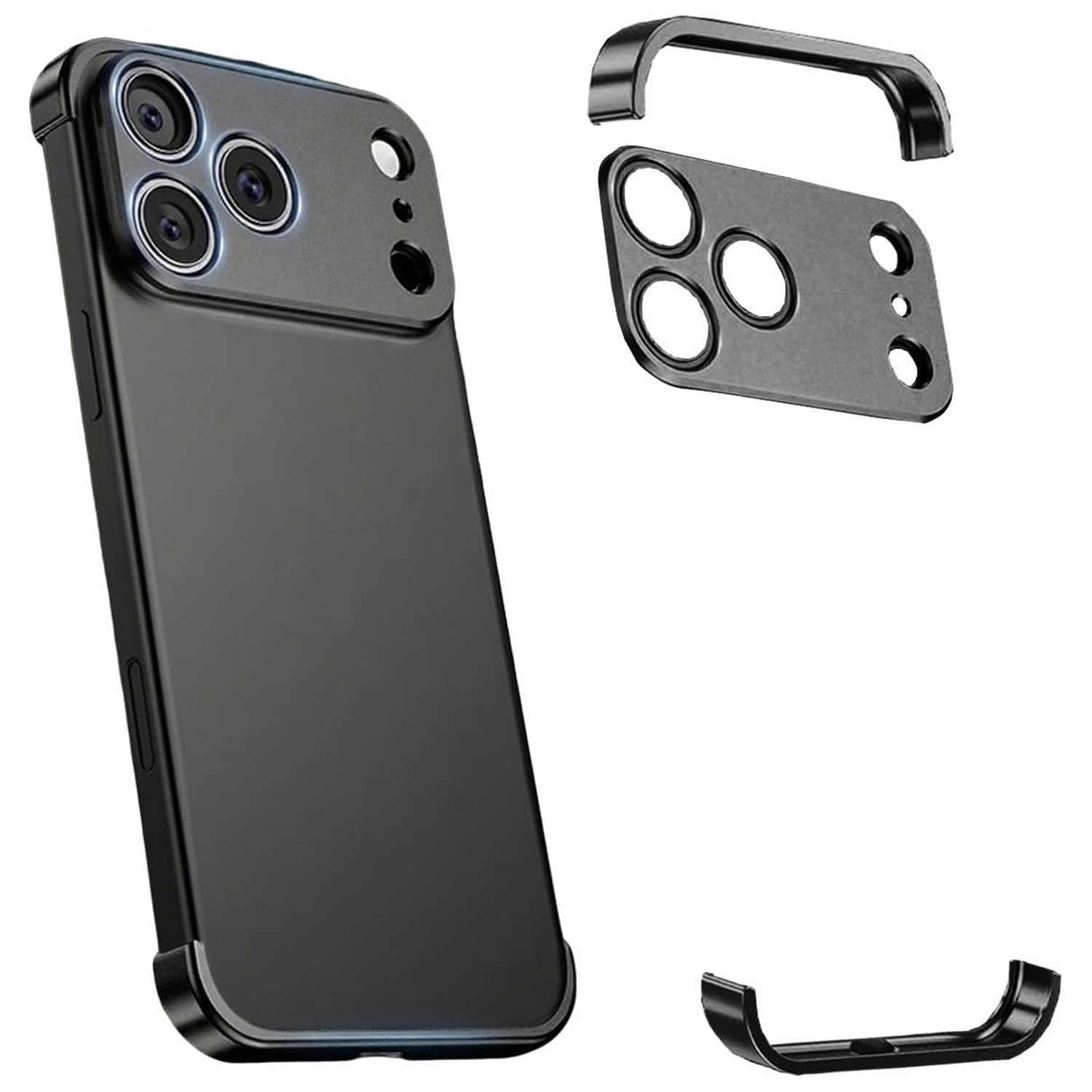 For iPhone 18 Pro Frameless Case Titanium Alloy Phone Corner Pad Bumper Cover with Camera Lens Protector - Black