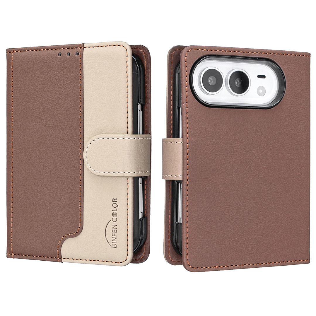 BINFEN COLOR for iPhone Duo Leather Case Splicing Color RFID Blocking Wallet Stand Phone Cover - Brown
