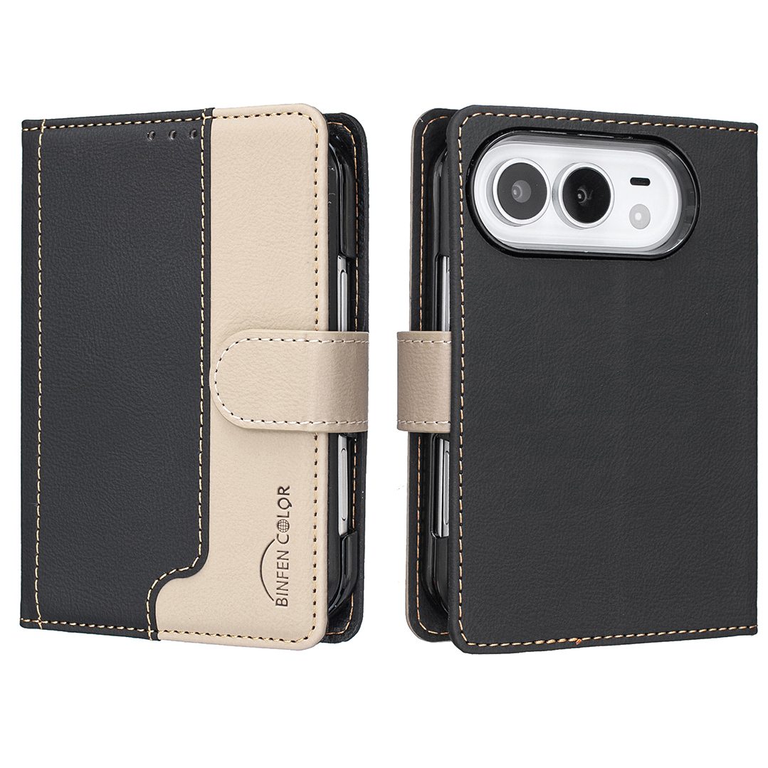 BINFEN COLOR for iPhone Duo Leather Case Splicing Color RFID Blocking Wallet Stand Phone Cover - Black