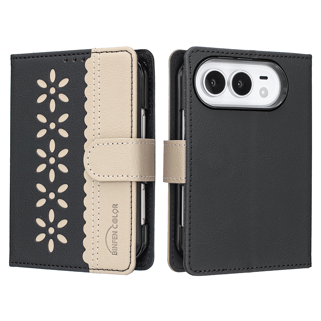 BINFEN COLOR for iPhone Duo BF36 Leather Case Floral Pattern Phone Cover RFID Blocking Wallet Stand - Black