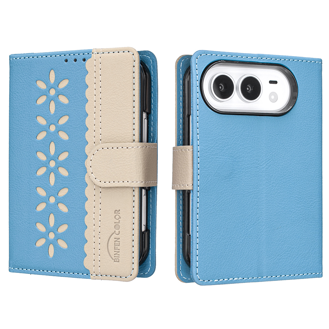 BINFEN COLOR for iPhone Duo BF36 Leather Case Floral Pattern Phone Cover RFID Blocking Wallet Stand - Baby Blue