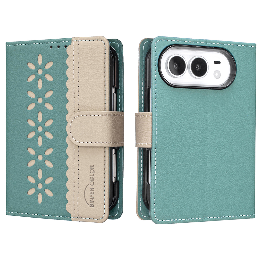BINFEN COLOR for iPhone Duo BF36 Leather Case Floral Pattern Phone Cover RFID Blocking Wallet Stand - Green