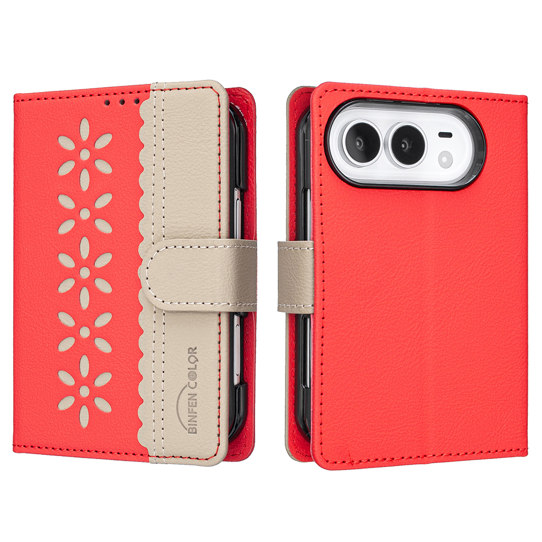 BINFEN COLOR for iPhone Duo BF36 Leather Case Floral Pattern Phone Cover RFID Blocking Wallet Stand - Red