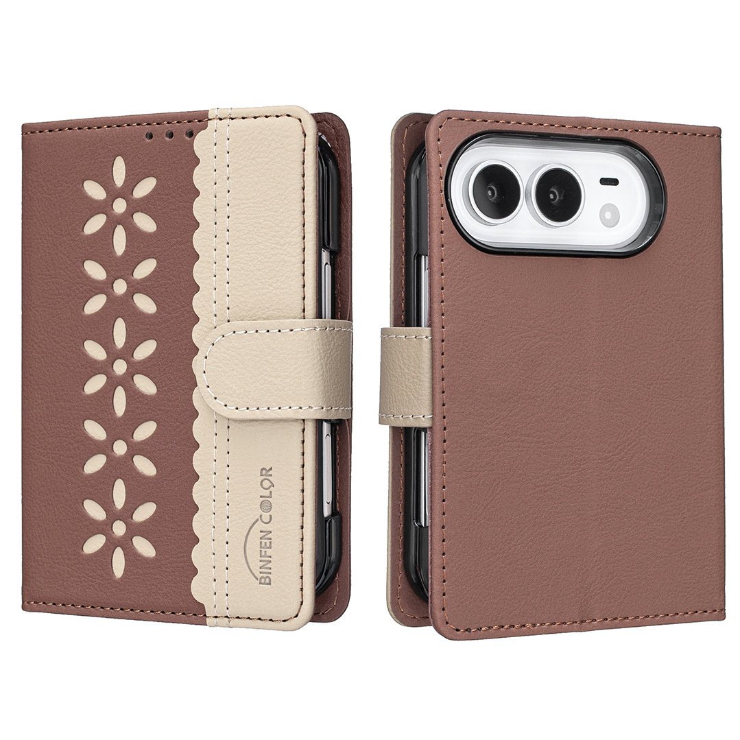 BINFEN COLOR for iPhone Duo BF36 Leather Case Floral Pattern Phone Cover RFID Blocking Wallet Stand - Brown