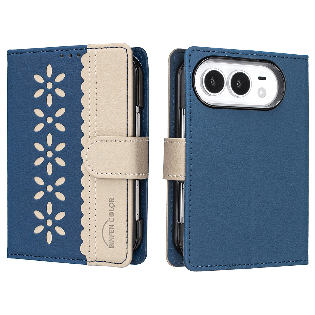 BINFEN COLOR for iPhone Duo BF36 Leather Case Floral Pattern Phone Cover RFID Blocking Wallet Stand - Dark Blue