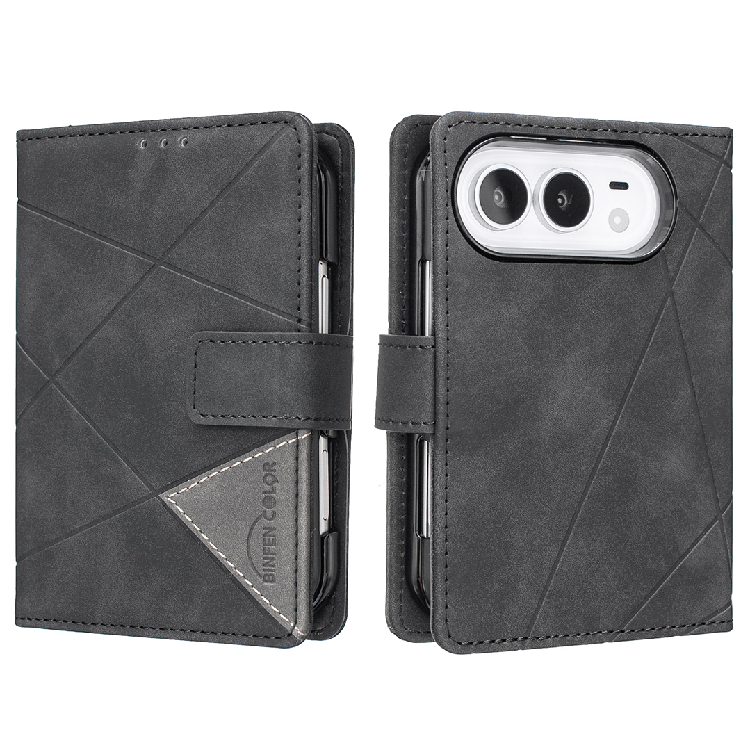 BINFEN COLOR for iPhone Duo Phone Case Wallet Stand Geometry Imprinted Leather Cover - Black