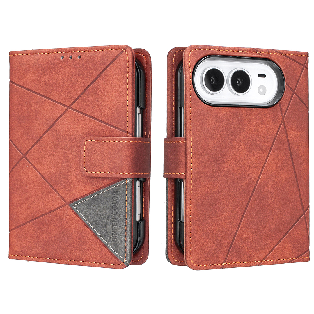 BINFEN COLOR for iPhone Duo Phone Case Wallet Stand Geometry Imprinted Leather Cover - Brown