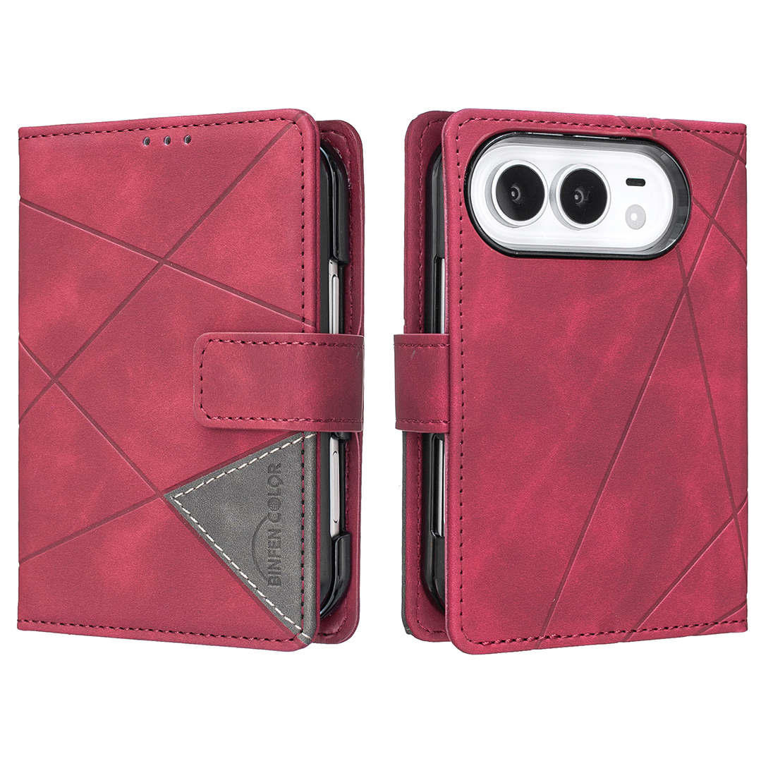 BINFEN COLOR for iPhone Duo Phone Case Wallet Stand Geometry Imprinted Leather Cover - Red