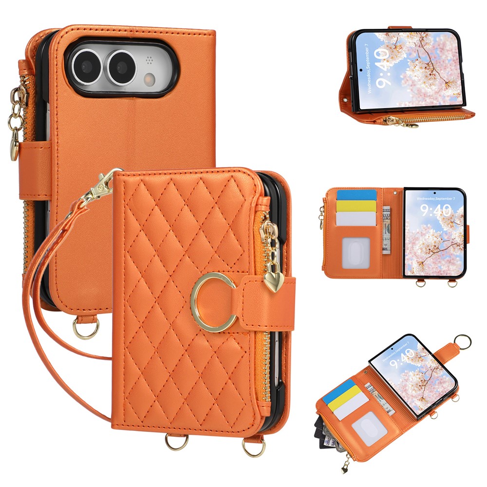 For iPhone Duo Case Magnetic Ring Buckle Zipper Pocket Rhombic Leather Phone Cover with Wrist Strap - Orange