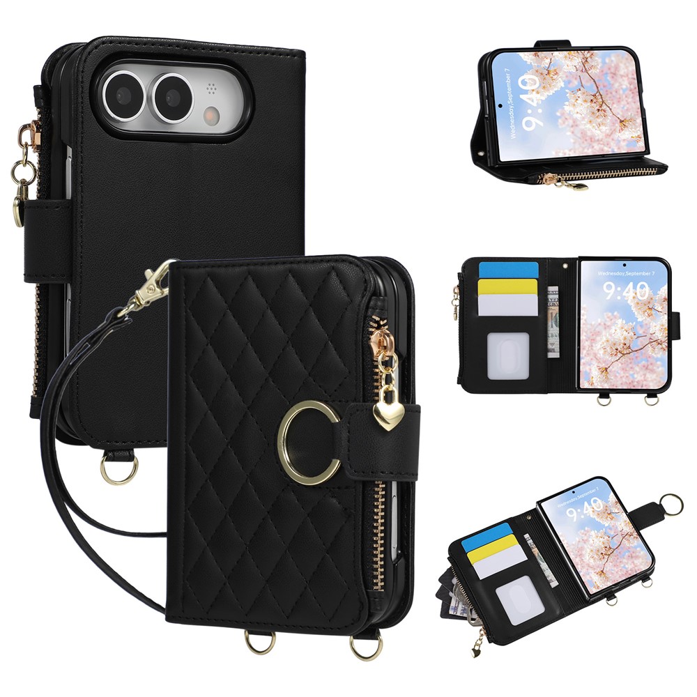 For iPhone Duo Case Magnetic Ring Buckle Zipper Pocket Rhombic Leather Phone Cover with Wrist Strap - Black