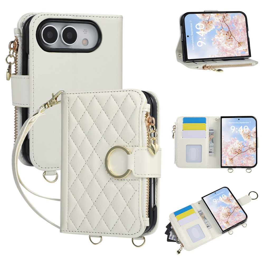 For iPhone Duo Case Magnetic Ring Buckle Zipper Pocket Rhombic Leather Phone Cover with Wrist Strap - Beige